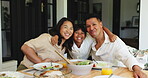 Face, meal and Asian family at table with hug, bonding and healthy food in lunch together. Happiness, parent and child in living room with embrace, connection and nutrition feast in tradition.