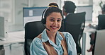 Computer, face or woman with headset in call center for online help, customer service or assistance. Coworking, people or friendly agent with tech for order processing, account management or about us