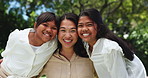 Face, mother and girls in park, smile and bonding together with care, trust and love. Portrait, family and parent with kids, outdoor and children with happiness, nature and weekend break with pride