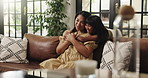 Home, hug and mother with girl, funny and bonding together with care, relax and entertainment. Watching tv, parent and mama with daughter, child development and embrace with support, laughing or love