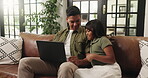 Laptop, smile and relax with father and daughter on sofa for streaming service, movie choice and education show. Film subscription, bonding and online kids series with man and child in family home