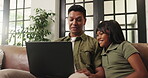 Laptop, happy and relax with father and daughter on sofa for streaming service, movie choice and education show. Film subscription, bonding and online kids series with man and child in family home