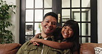Love, hug and face of father with daughter on sofa for bonding, connection and smile. Happiness, support and security with man and child in living room of family home for trust, affection and comfort