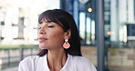 Thinking, breathing and business woman in city for fresh air, break and smile with vision. Happy, mature worker and eyes closed for stress relief, peace or calm outdoor to relax with positive mindset