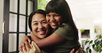 Smile, hug and mother with girl, face and bonding together with care, relax and support. Home, parent or mama with daughter, child development and embrace with relationship, love or excited in lounge