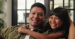 Happy, hug and face of father with daughter on sofa for bonding, connection and love. Smile, support and security with man and child in living room of family home for trust, affection and comfort