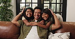 Relax, hug and face of father with children on sofa for bonding, connection and love. Happiness, support and security with man and kids in living room of family home for trust, affection and comfort