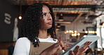 Planning, woman and waitress in coffee shop with tablet for online menu, service or stock list. Digital technology, idea and female barista with inventory on app in morning at cafeteria or restaurant