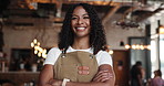 Face, barista and woman in cafe with confidence, smile and about us with career pride in startup. Portrait, waitress and happy person in coffee shop, hospitality or arms crossed in small business