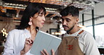 Conversation, manager or server with tablet in restaurant, instructions or teaching for booking app. Mentoring, staff support or people talking with digital menu, payment process or ordering tech