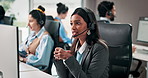 Telemarketing, woman and conversation in call center with computer, life insurance advice and help. Person, coworking and discussion in office with desktop, financial service policy info or feedback.