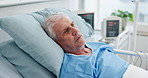 Thinking, sick and senior man in hospital bed with stress, surgery fail and diagnosis reflection. Thoughts, elderly person and vision for medical service, healthcare operation and choice on treatment