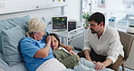 Grandmother, kid and father with visit at hospital bed for recovery, comfort and healing support. Healthcare, family and hug senior patient in medical clinic for wellness, rehabilitation and bonding