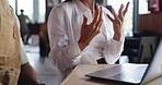 People, waiter and hands in coffee shop with laptop for customer service review, planning and feedback. Manager, employee and meeting in cafe with computer for hospitality, advice and discussion.