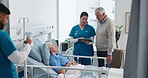 Hospital, bed and nurse with senior couple on tablet for diagnosis, surgery results and update. Healthcare, talking and people on tech with elderly patient for recovery news, advice and wellness