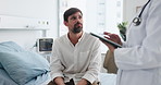 Checkup, tablet and doctor with man in hospital for discussion on diagnosis or treatment plan. Healthcare, technology and medical worker with male patient for conversation at consultation in clinic.