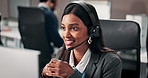 Happy, office and business woman with headset for online consulting, finance advice and talking. Insurance agency, communication and person on computer for contact us, virtual help and feedback