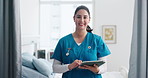 Face, happy woman and nurse with tablet in clinic for email, medical review and about us. Hospital, healthcare worker and portrait of person with technology for schedule, icu report and research
