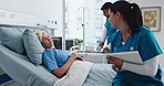 Nurse, old woman or discussion in hospital bed with clipboard for medical exam, report or check vitals. Healthcare worker, elderly person or talk in clinic with checklist, wellness or recovery update