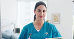 Face, woman and nurse with tablet in hospital for wellness, medical career and about us. Clinic, healthcare worker and portrait of happy person with technology for schedule, icu report and research