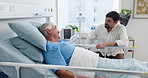 Hospital, bed or old man with son for patient visit, support or conversation for recovery care. Healthcare, connection or happy people talk with empathy for healing, medical or comforting for family