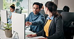 Business people, computer and advice in office with smile for web design project management. Man, woman and tech for communication, coworking and training feedback or collaboration at creative agency