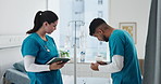 Nurses, advice and IV drip with tablet in clinic for workflow schedule, surgery plan or update. Healthcare, team and people with digital tech for medical feedback, treatment options and opinion