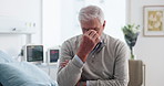 Checkup, senior man and stress on hospital bed for medical results, routine visit and anxiety. Retirement health, elderly patient and nervous in clinic for healthcare outcome, uncertain and waiting