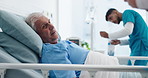 Nurse, old man or discussion in hospital bed for medical assessment, explanation or check vitals. Healthcare worker, elderly person or talk in clinic with recovery feedback, wellness update or visit.