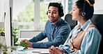Computer, discussion and support with business people in call center for system integration or orientation. Training, contact us and conversation with headset for customer service office and advice