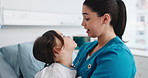 Woman, nurse and talking with child in hospital for checkup, medical reassurance and surgery. Healthcare worker, discussion and embrace kid for emotional comfort, compassion and support for treatment