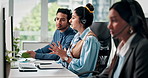 Computer, question and advice with business people in call center for system integration or orientation. Training, contact us and conversation with headset for customer service office and support
