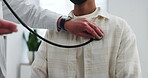 Doctor, hands and man with stethoscope for breathing assessment, cardiology or respiratory exam. People, medical professional or patient in consultation with tool, lung evaluation or check heartbeat.