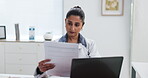 Doctor, woman or laptop in office with paperwork for health insurance, medical aid or patient information. People, healthcare worker or computer in consultation with policy documents, plan or report.