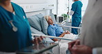 Talking, hospital bed and nurse with people on tablet for diagnosis, surgery results and update. Healthcare, discussion and doctor on digital tech with patient news for recovery, healing and wellness