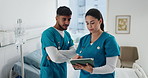 Nurses, advice and discussion with tablet in clinic for workflow schedule, surgery plan or update. Healthcare, team and people with digital records for medical results, treatment options and opinion