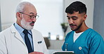 Doctor, nurse and discussion with tablet in clinic for surgery update, medical opinion and advice. People, professional team and tech with feedback on treatment options and health results in hospital