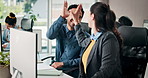 Business people, high five and congratulations in office with smile for web design project management. Man, woman and computer for communication, coworking and feedback or advice at creative agency