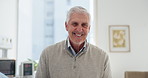 Senior man, face and happy with clinic appointment, consultation or visit in office for checkup. Elderly person, patient and portrait for wellness, healthcare and retirement at hospital in Argentina
