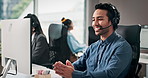 Happy, headset and business man in office talking for online consulting, finance advice and help. Professional, communication and person on computer for contact us, investment report and feedback