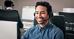 Happy, talking and businessman in office with headset for online consulting, finance advice and help. Professional, communication and person on computer for contact us, financial advisor and feedback