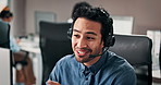 Happy, talking and man in office with headset for online consulting, finance advice and help. Professional, communication and business person on computer for contact us, investment deal and feedback