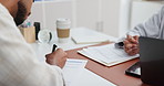 Patient, hands and doctor with documents for medical application, insurance or policy in clinic. Closeup, client and healthcare worker with paperwork, form or survey for health agreement in hospital