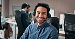 Face, office and business man with headset for online consulting, finance advice and help. Professional, communication and portrait of person on computer for contact us, financial advisor or feedback