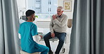 Clinic, nurse and discussion with senior man for checkup, consultation and shoulder pain for healthcare. Hospital, tablet and elderly patient with question for advice with injury and recovery