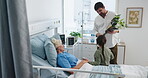 Grandmother, kid or father with flowers at hospital bed for recovery support, visit or comfort. Healthcare, family or bouquet to senior patient in clinic for bonding, get well soon or surgery healing