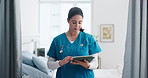 Woman, tablet and nurse in clinic for medical review, scroll email and check insurance information. Hospital, healthcare worker and person with tech for schedule, report or patient records in icu