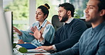 Business people, agency and team with computer for discussion, assistance or advice in office. Businessman, woman or conversation with help for company tasks, agenda or sharing ideas in workplace