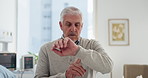 Time, waiting and old man in hospital, wonder and nervous with appointment. Mature patient, pensioner and person with watch, wellness or medical checkup with routine treatment, contemplation or delay