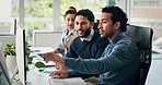 Creative, men and help with computer in office for training, copywriting advice or story submission. People, team and mentorship with pc for colleague feedback, review newsletter and publication tips